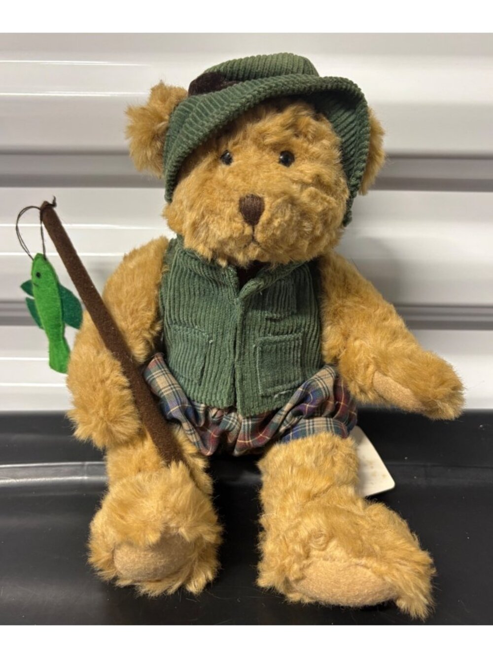 Vintage Russ Montana Fisherman Teddy Bear Plush Corduroy Outfit Fishing Pole 10"